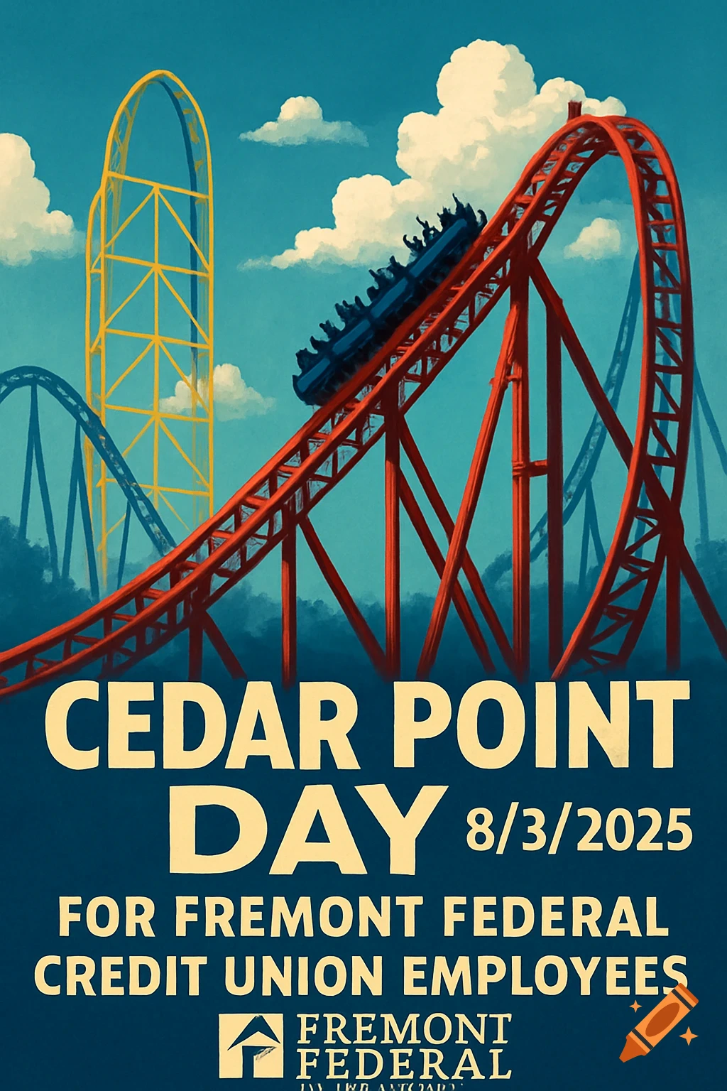 A stylized poster showing a roller coaster with text about Cedar Point Day for employees.