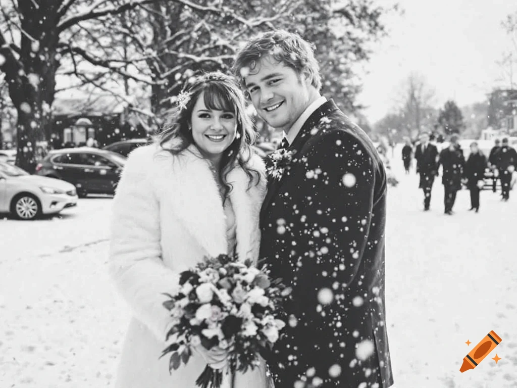 Black and white photo of a couple at a snowy wedding