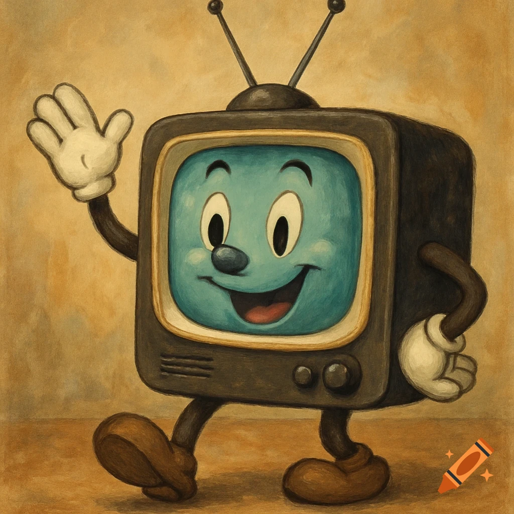 A vintage cartoon television character with gloves and feet waving in an oil painting style.