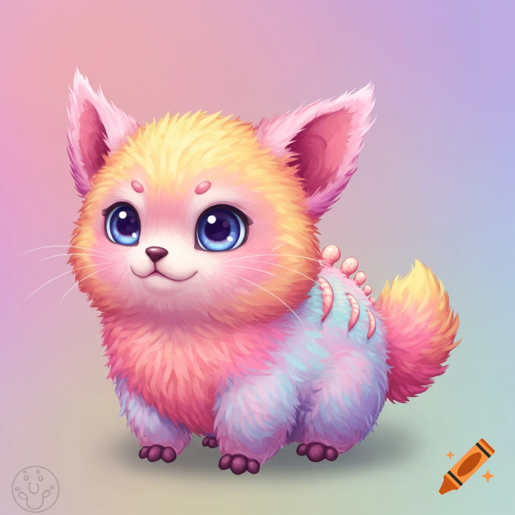 A cute, fluffy fantasy creature with pink, yellow, and blue fur and large blue eyes.