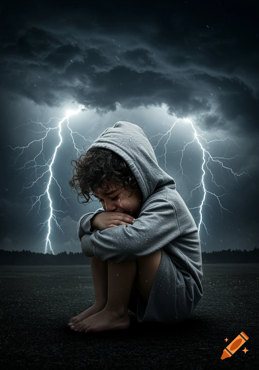 Child in hoodie crying huddled on ground during a thunderstorm with lightning.