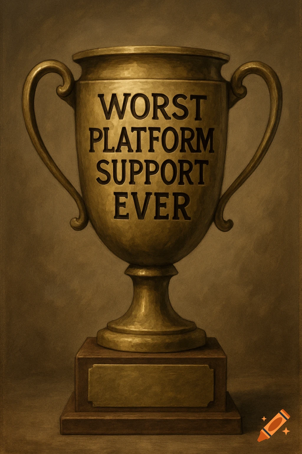 A golden trophy with the text 'WORST PLATFORM SUPPORT EVER' on it, rendered in a painting style.