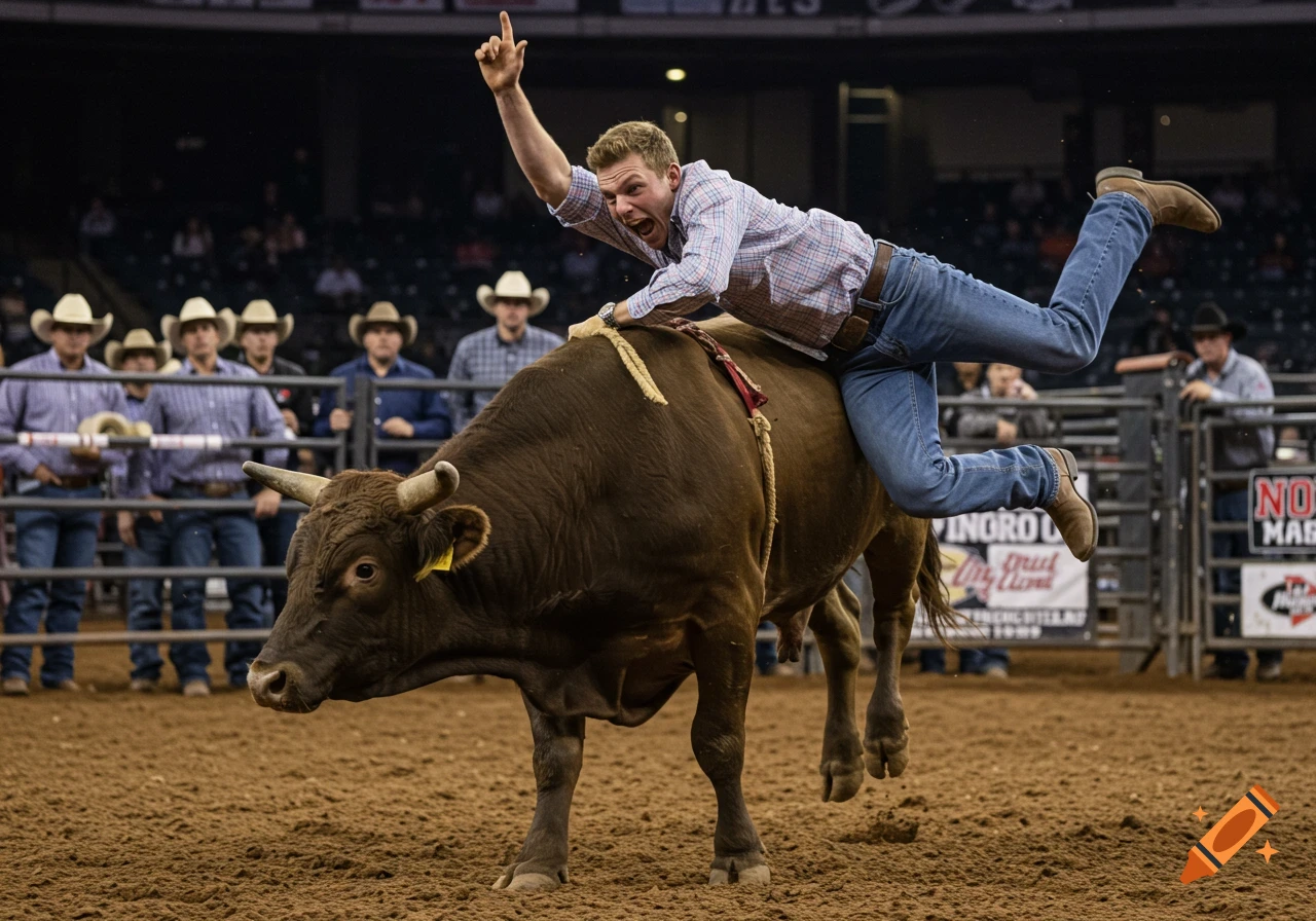 Photographic close-up of a man bull riding in a rodeo arena, one arm raised