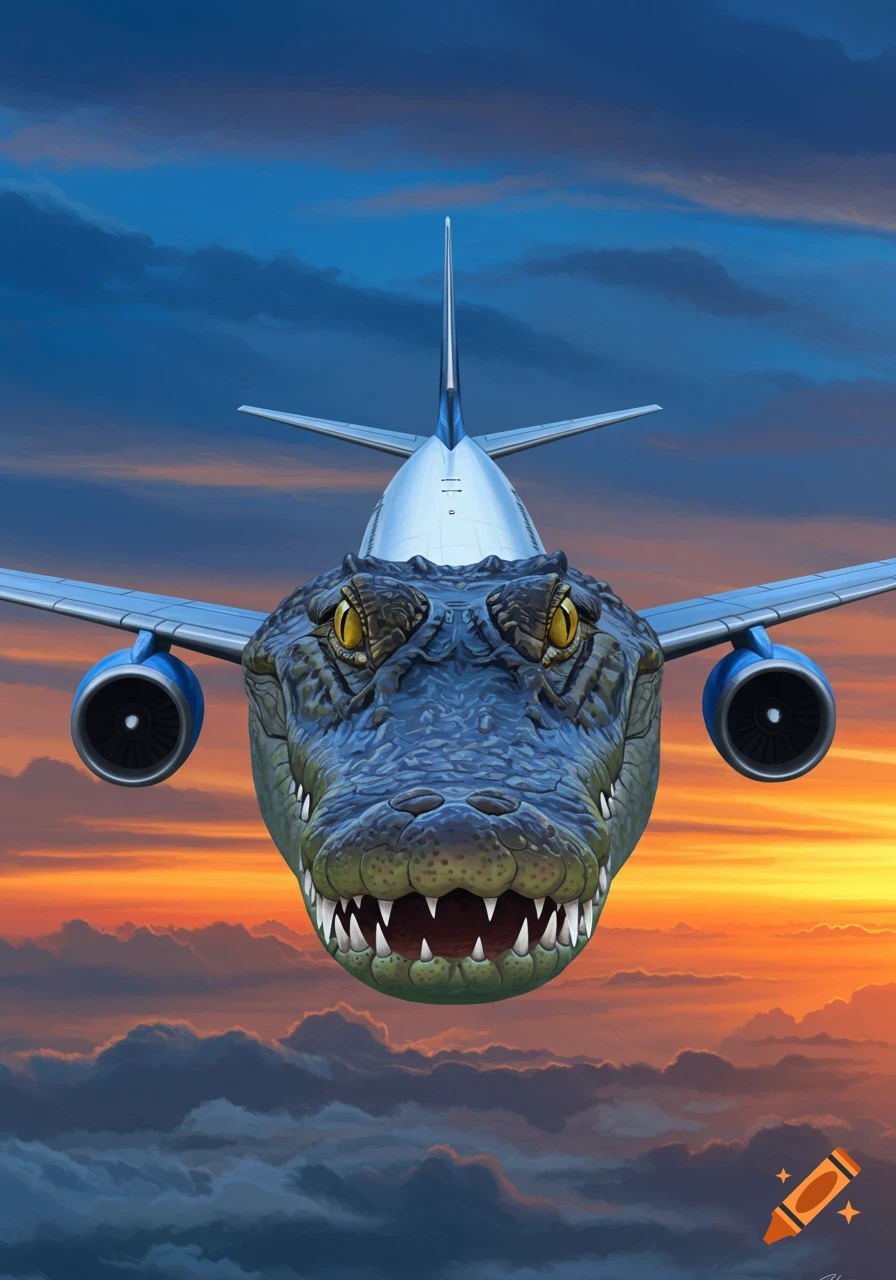 An aeroplane with a crocodile's head flies through a cloudy sky with a sunset behind it.