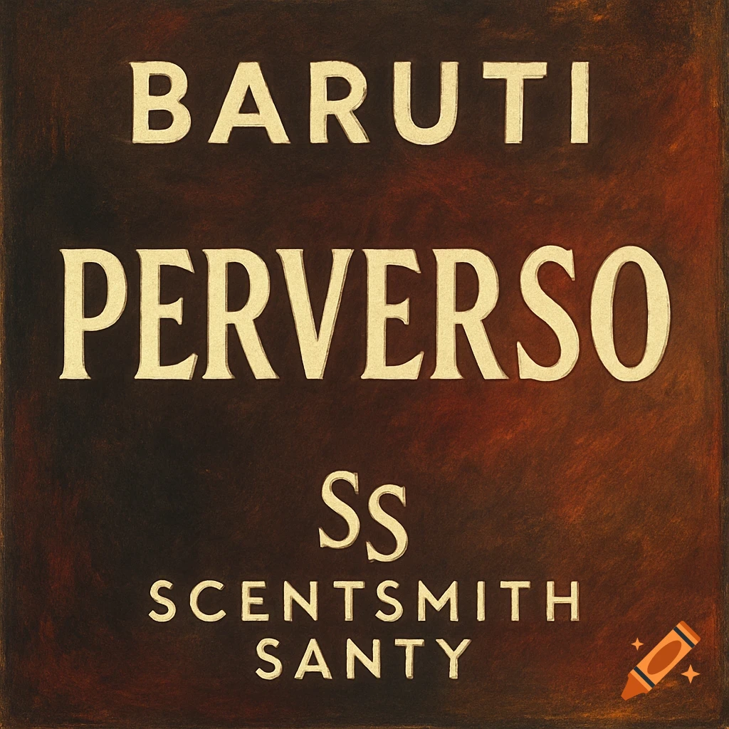 A label with text 'BARUTI PERVERSO Ss SCENTSMITHT SANTY' on a dark textured background.