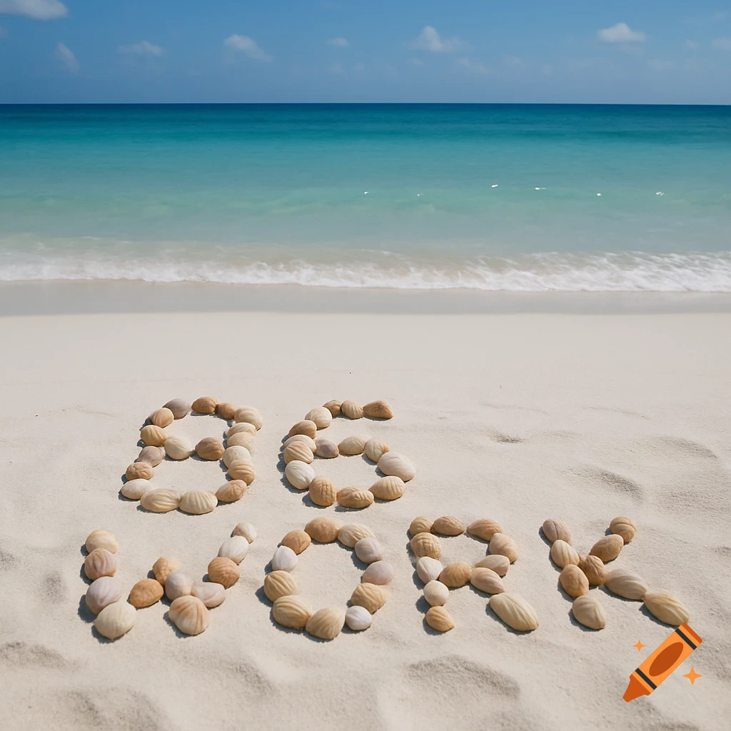 Seashells spelling '86 WORK' on a beach with the ocean in the background.
