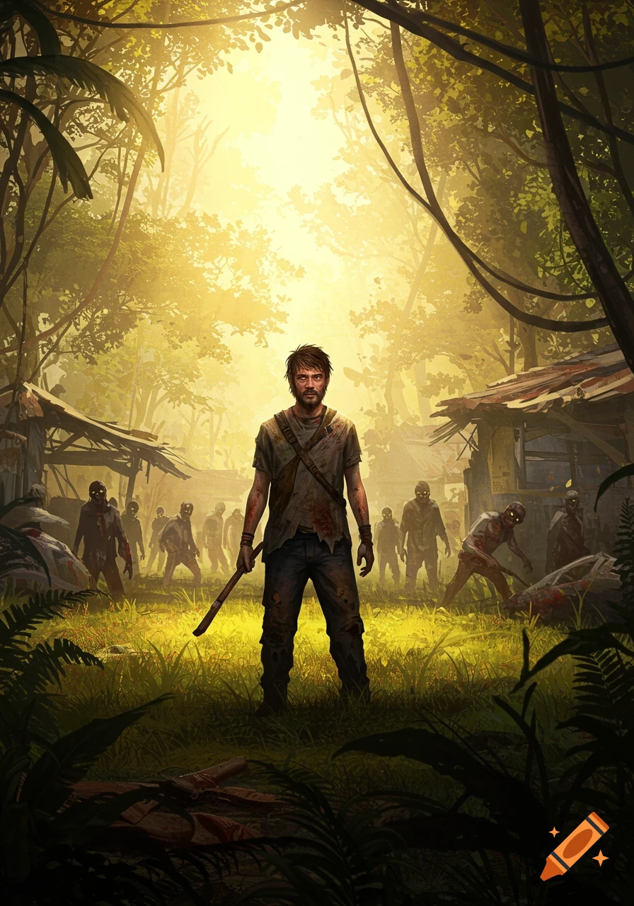Illustrated lone survivor with an axe stands in a jungle clearing surrounded by zombies.