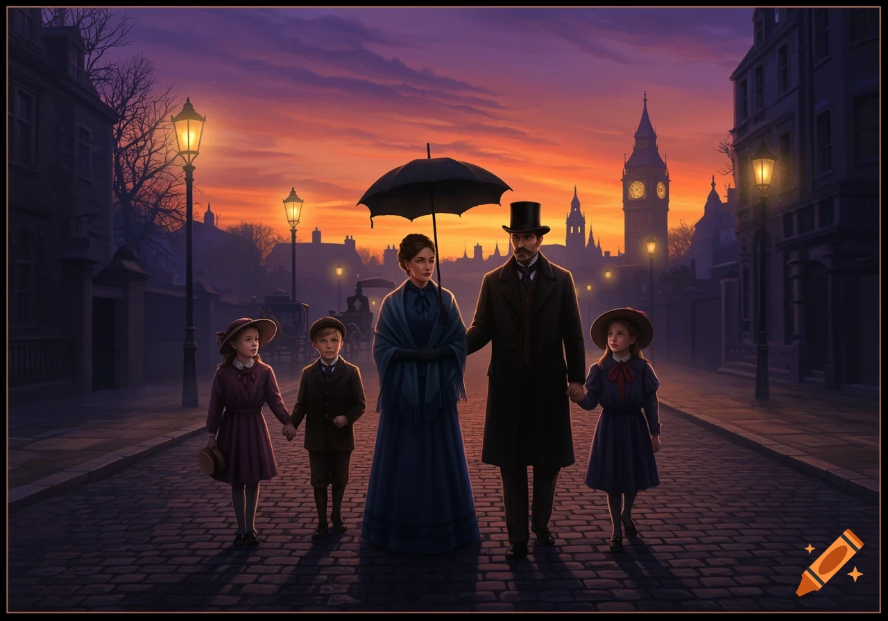 A Victorian family walks down a cobblestone street in London at dusk, with Big Ben in the background.