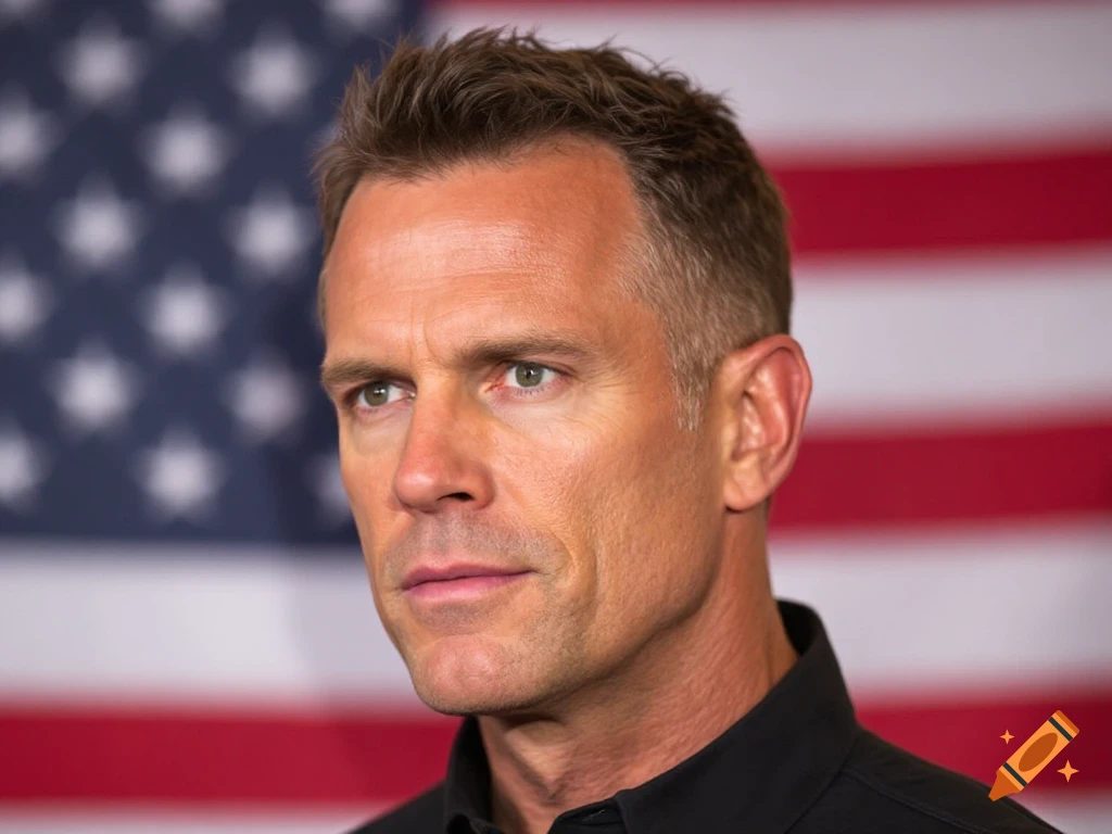 A man's head and shoulders portrait against a blurred American flag.