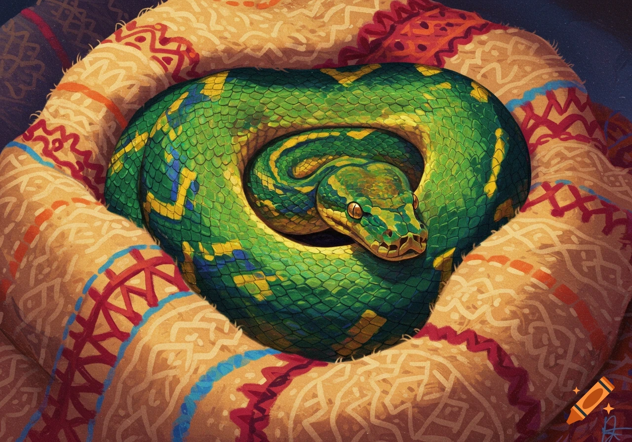 A green and yellow snake curled up on a patterned blanket, illustration.