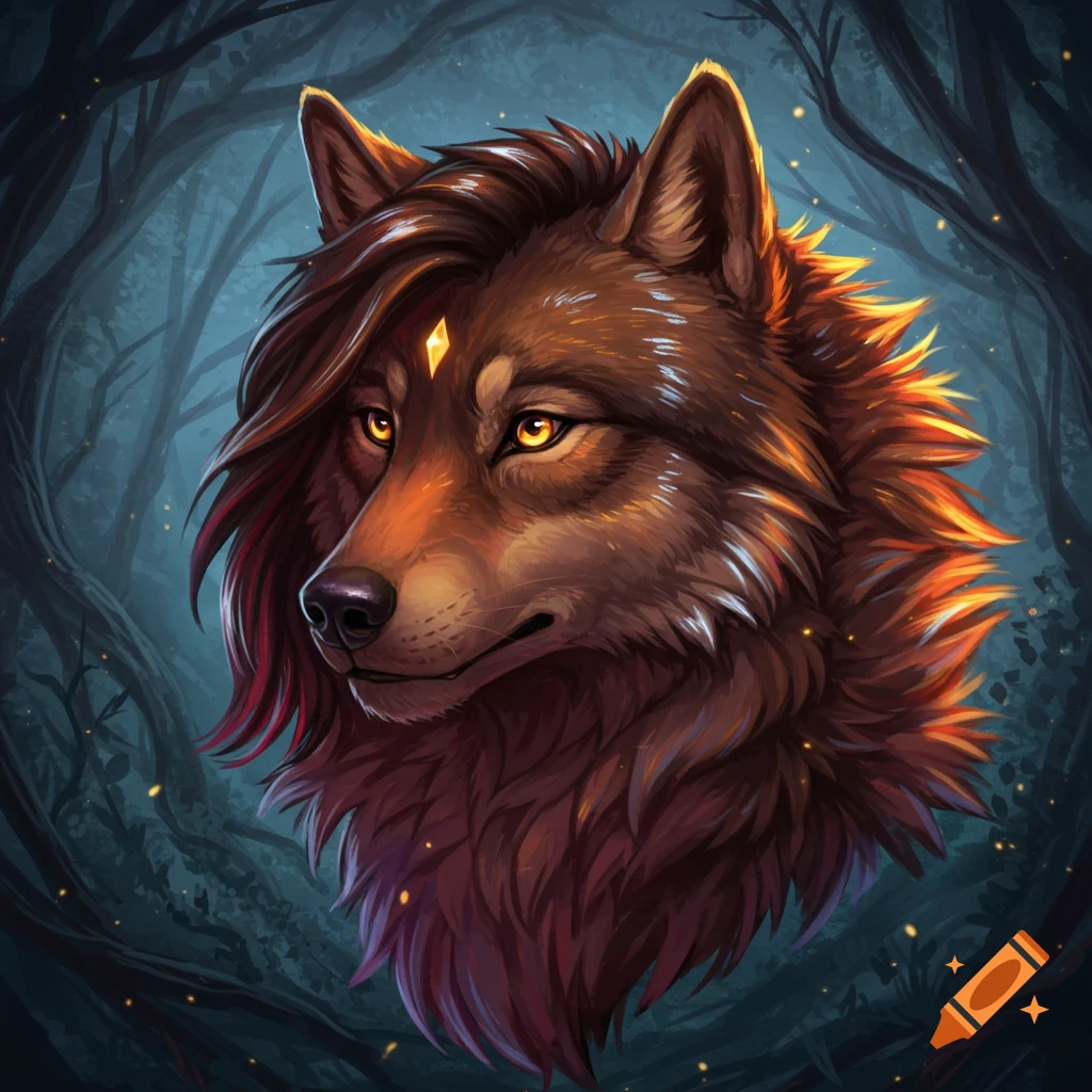 Digital painting portrait of a wolf with glowing orange eyes and a forehead gem in a dark forest.
