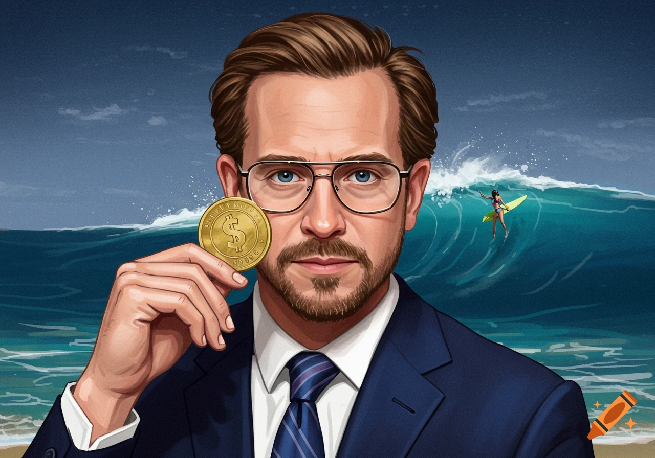 Illustrative portrait of a man in a suit holding a large gold coin with a dollar sign, with a surfer on a wave in the background.