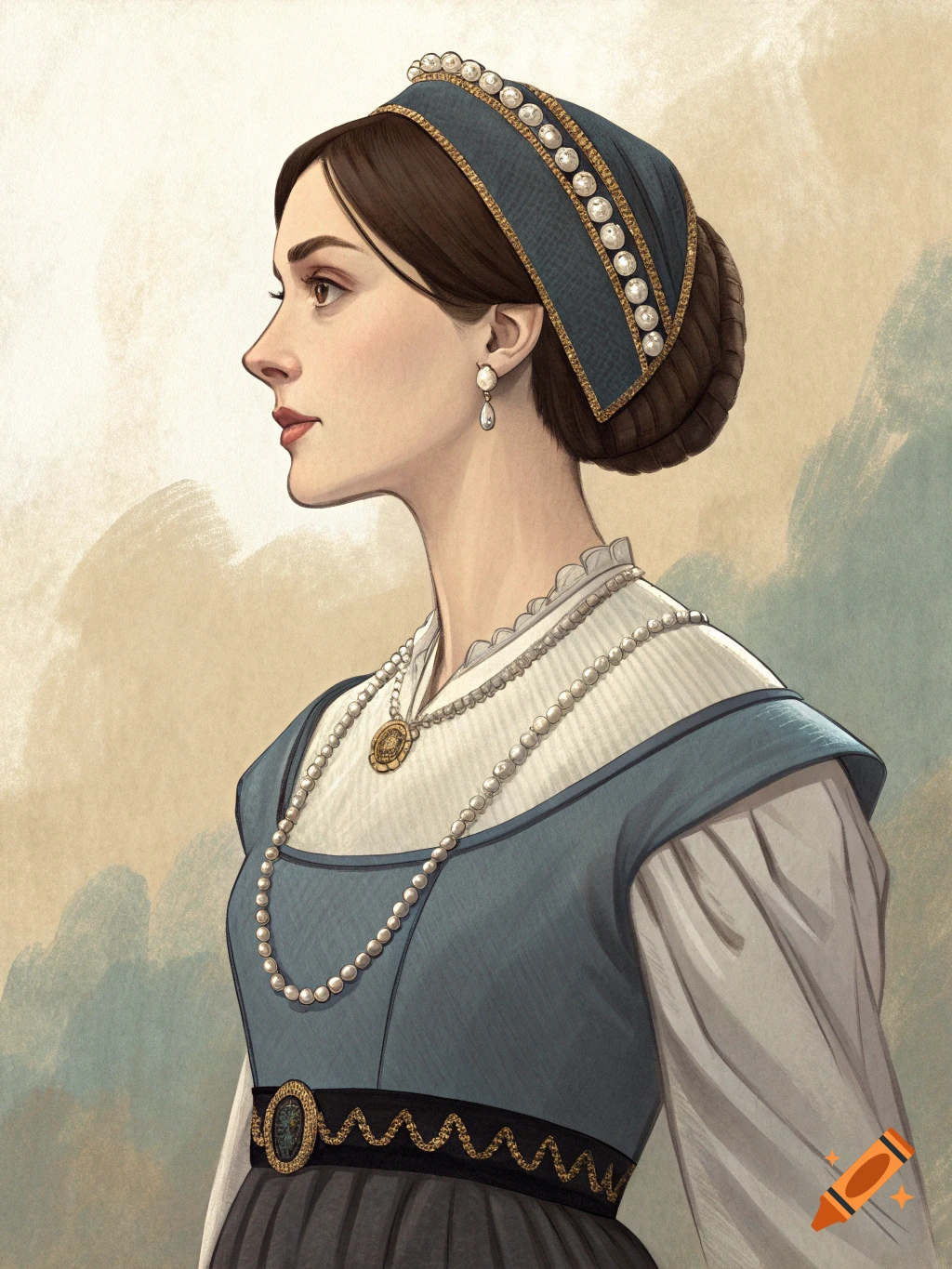 Profile illustration of a woman in historical dress with pearl jewelry.