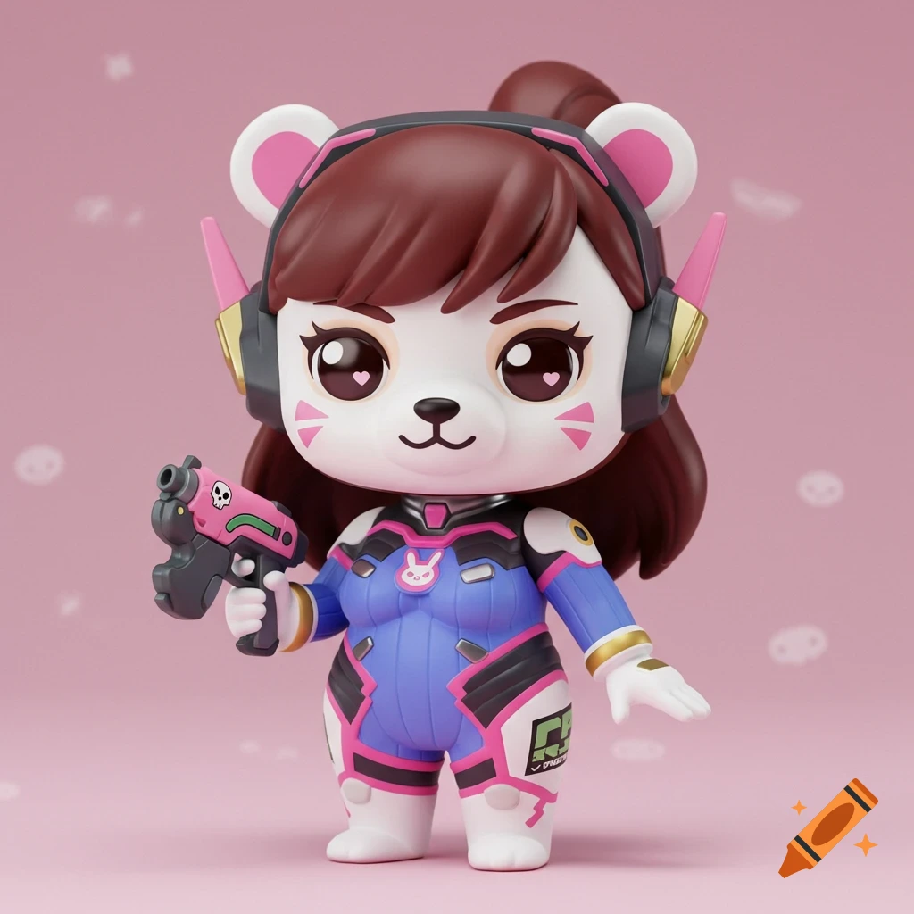 A cute bear-like D.Va from Overwatch figurine holding a pink gun against a pink background.
