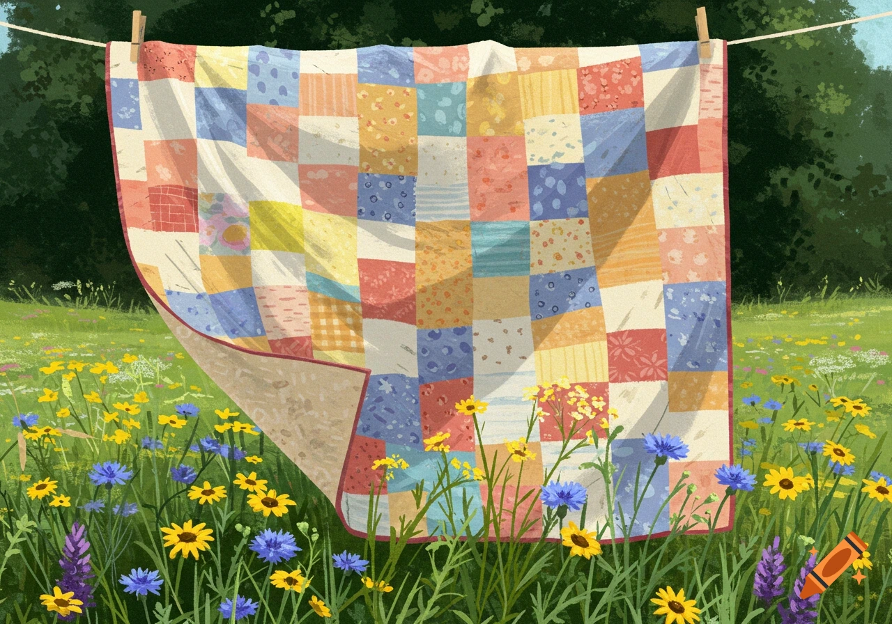 A colorful patchwork quilt hangs on a clothesline above a field of yellow and blue wildflowers in a sunny, painterly style.