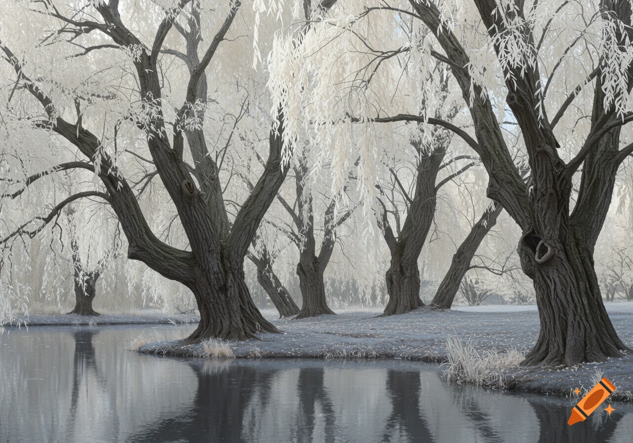 Willow trees with grey bark and white leaves stand beside calm water.
