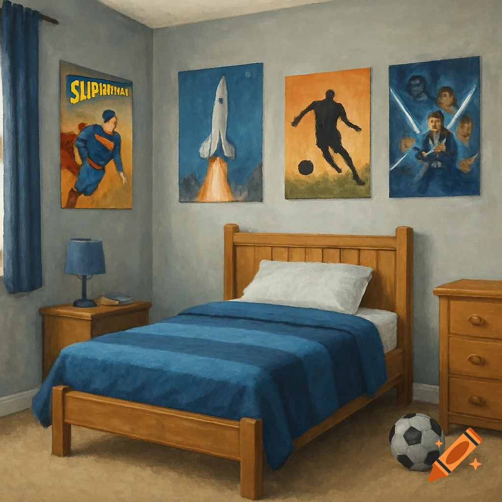 A child's bedroom with a bed, dresser, and posters on the wall.