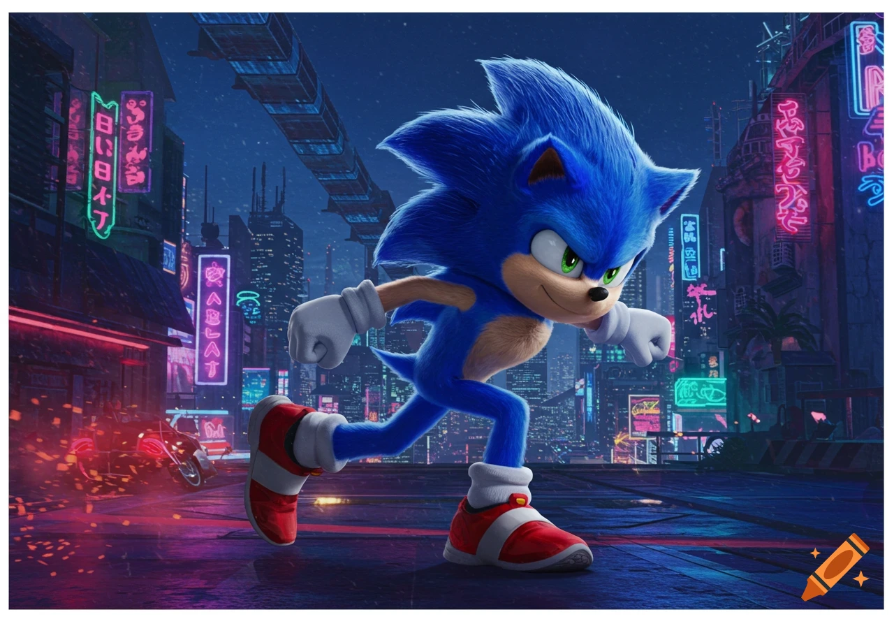 Sonic the Hedgehog runs through a neon-lit futuristic city street at night.