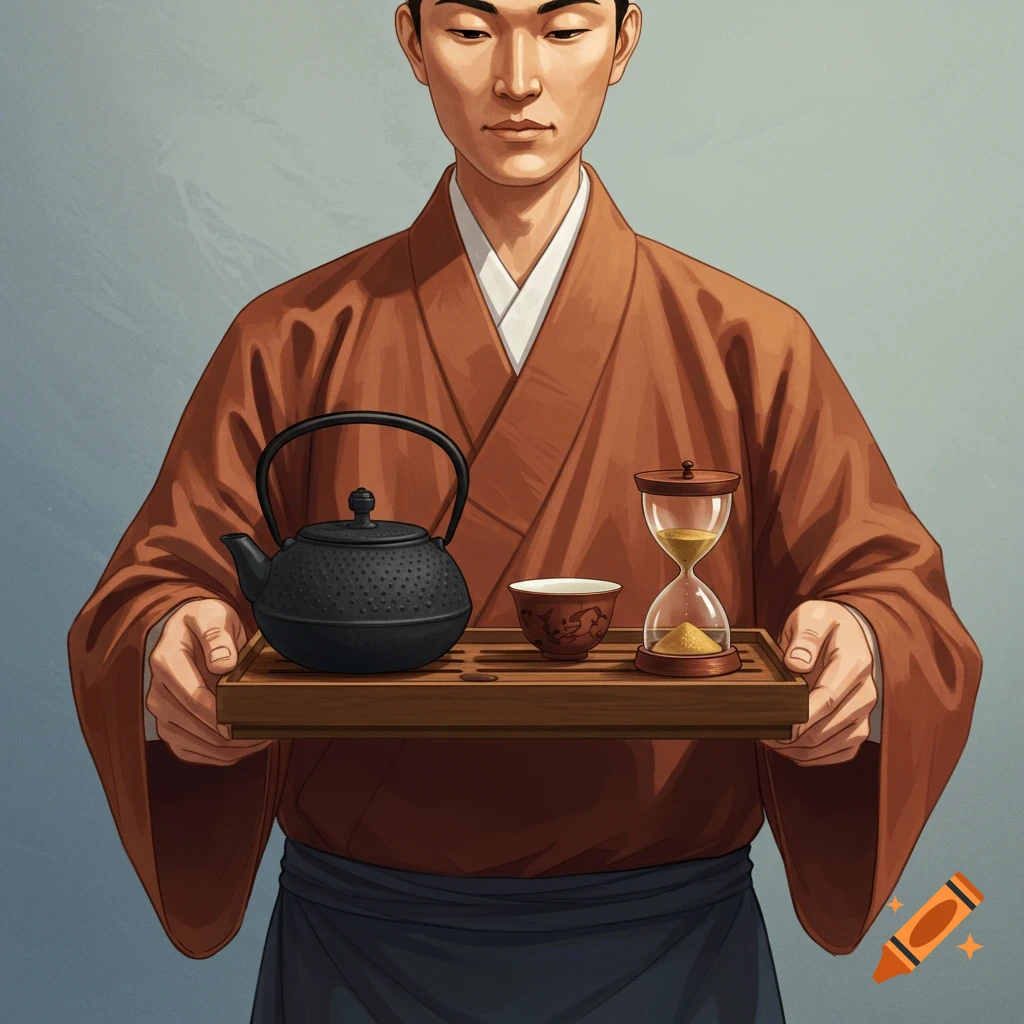 Person holding a tray with a teapot, teacup, and hourglass.