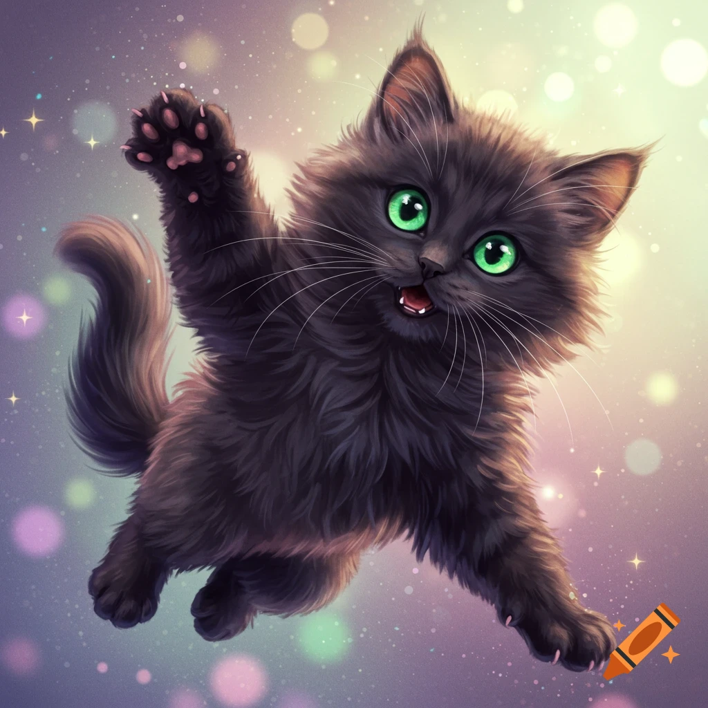 Fluffy black kitten with green eyes reaching up in sparkling background, digital art style.