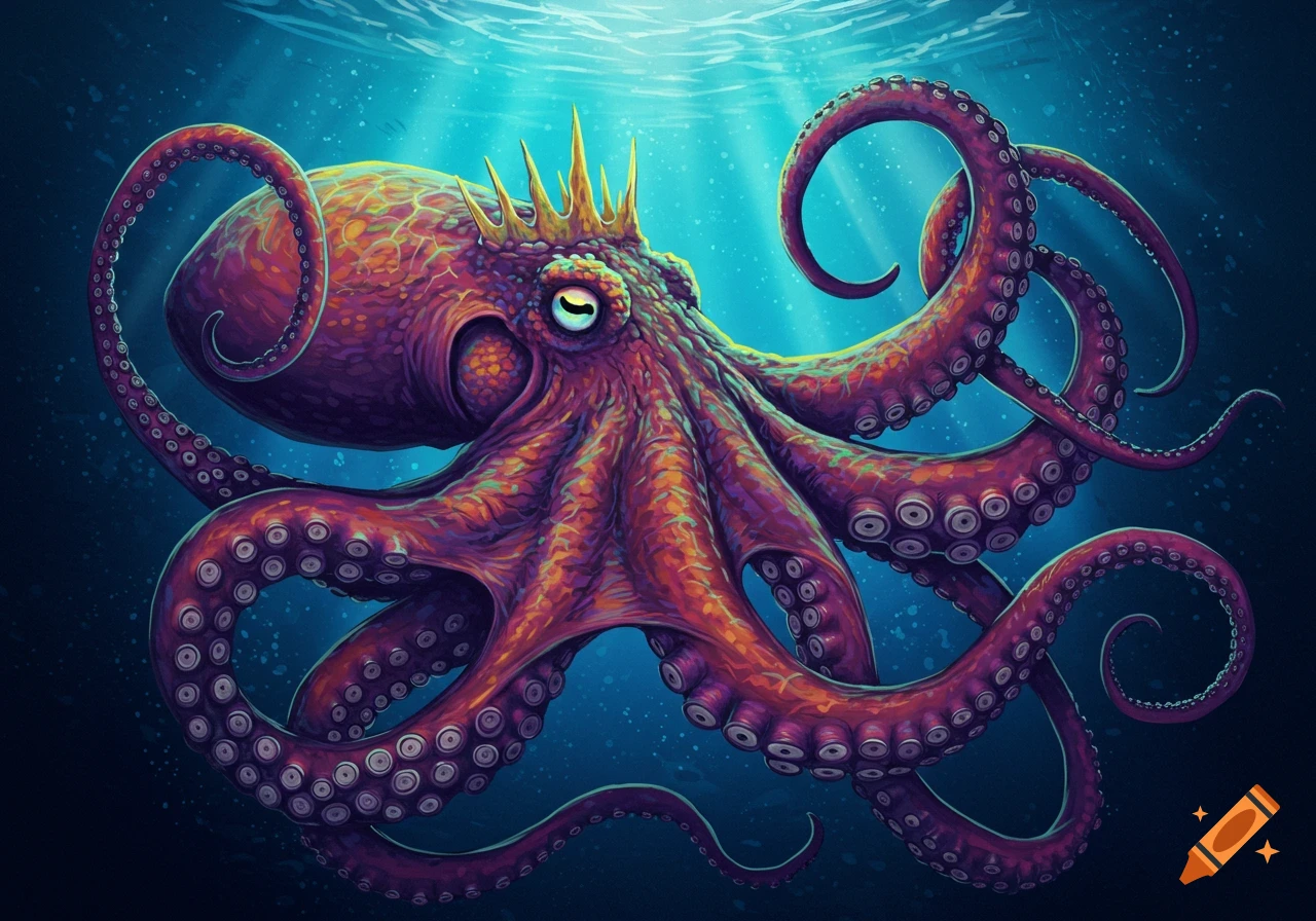 A colorful, stylized octopus with a crown underwater
