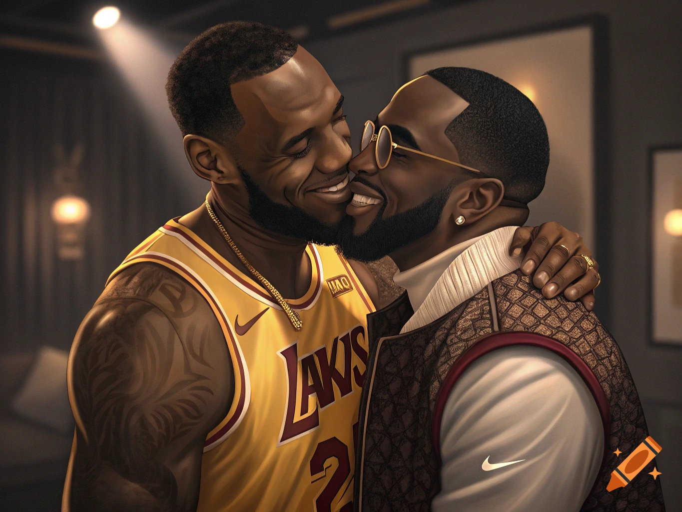 Photorealistic portrait of two men resembling Lebron James and P Diddy embracing and smiling.