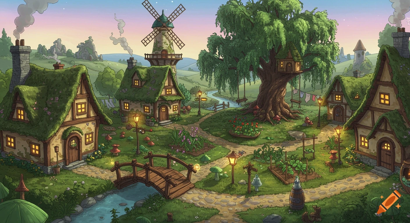 Whimsical fantasy village illustration with mossy cottages, windmill, creek, garden, large tree, and treehouse.