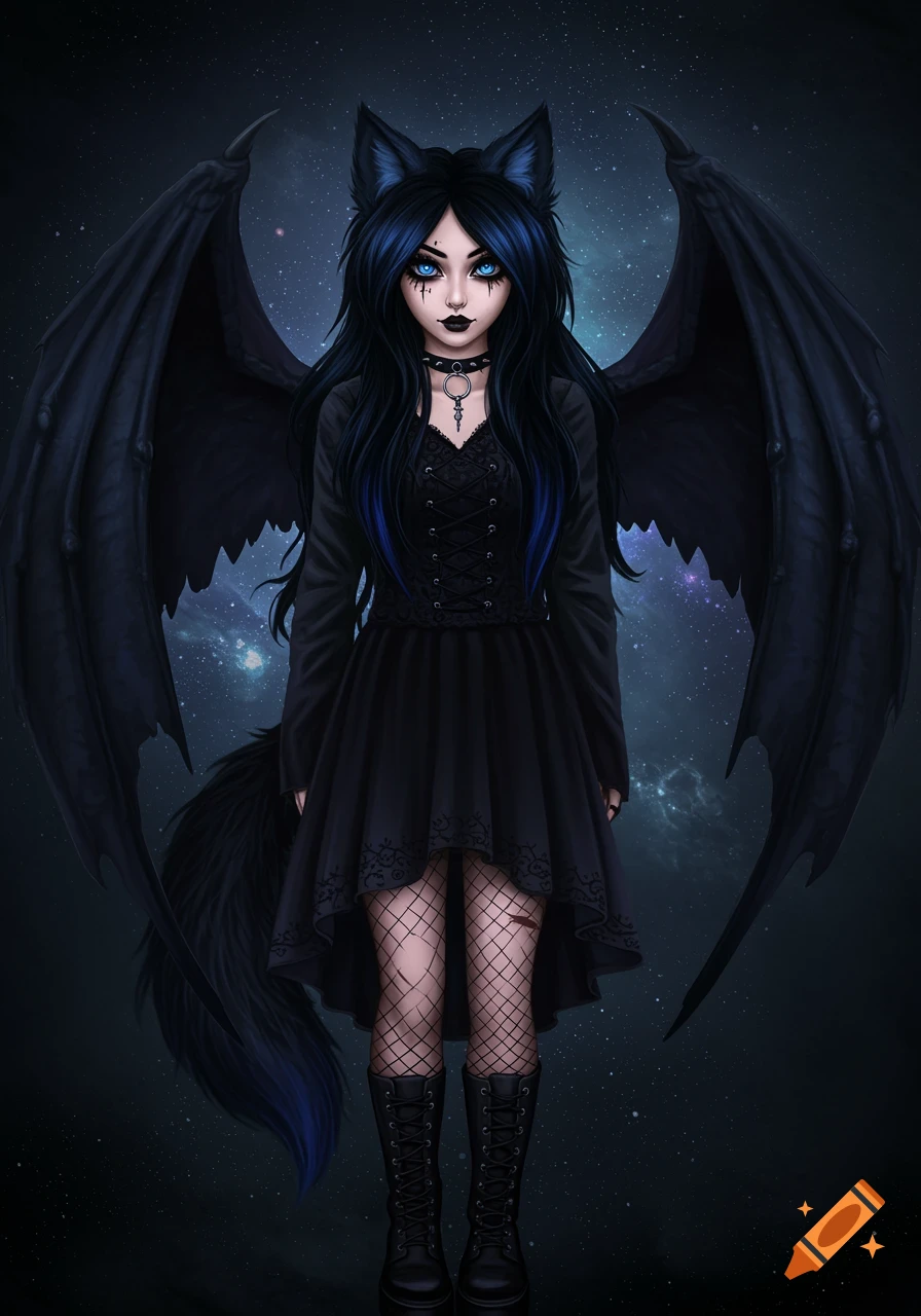 Goth girl with wolf ears, tail, dragon wings, and fishnets stands against a galaxy background.