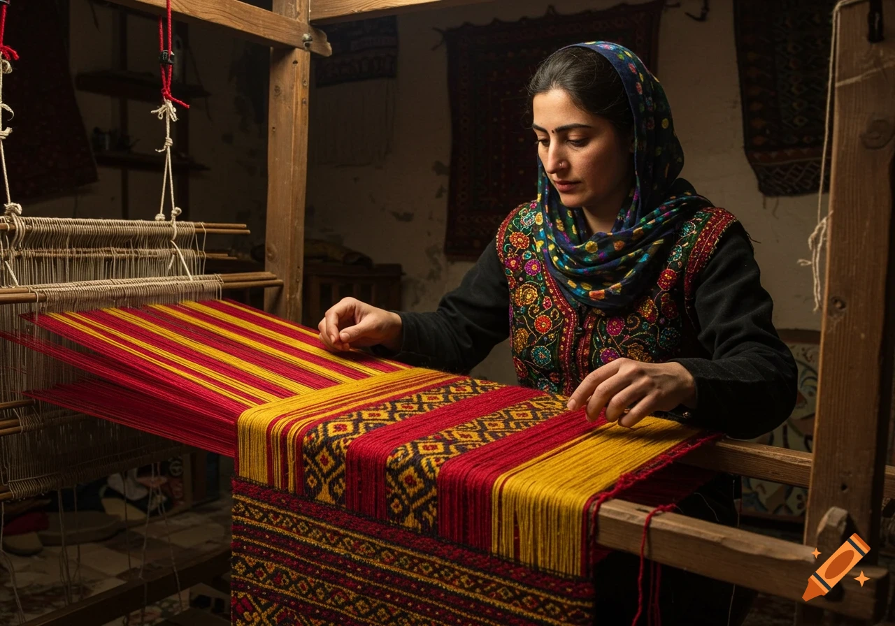 Photorealistic image of a woman weaving colorful fabric on a wooden loom.
