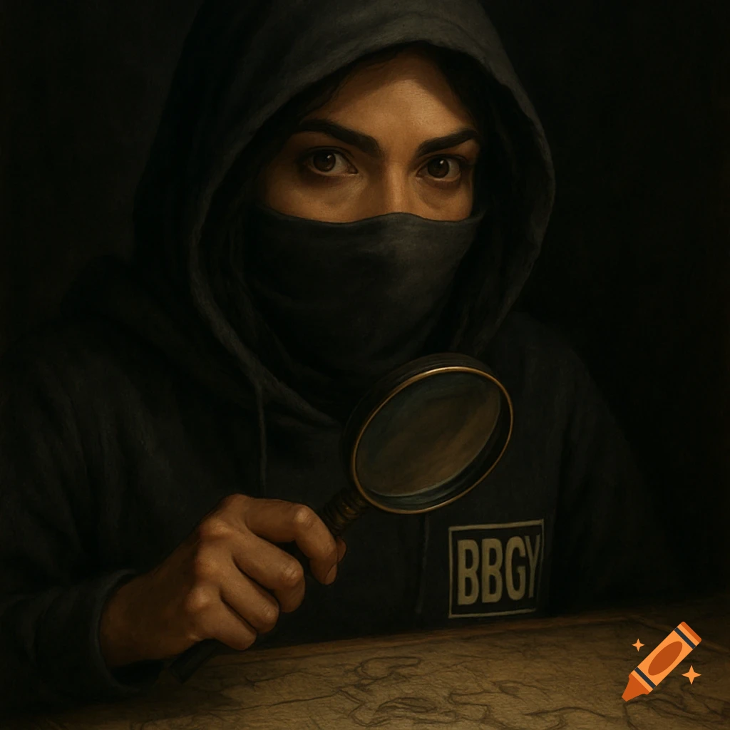 A person with a mask and hood examines a map with a magnifying glass.