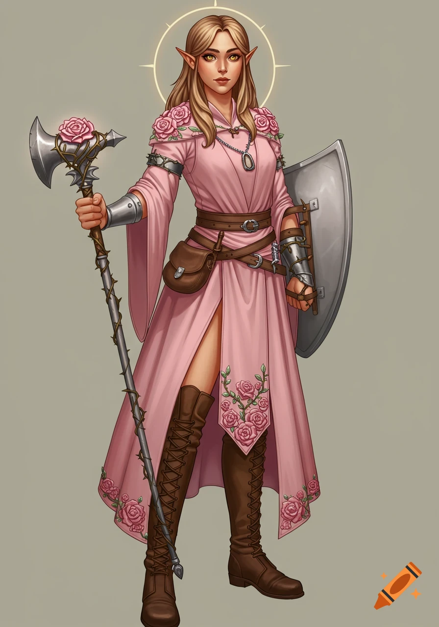 A female elf cleric in a pink dress adorned with roses stands with a ...