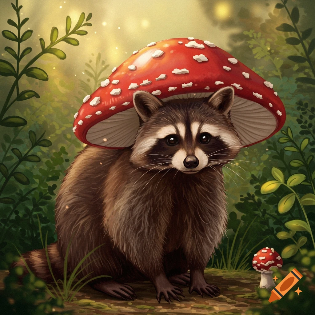A cute raccoon sits in a forest wearing a red mushroom cap as a hat.