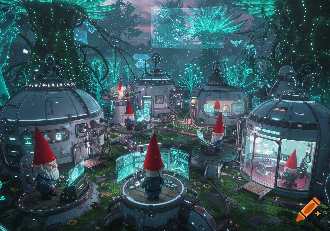 Gnomes work at computers and monitors in a futuristic, bioluminescent village filled with glowing plants and strange structures.