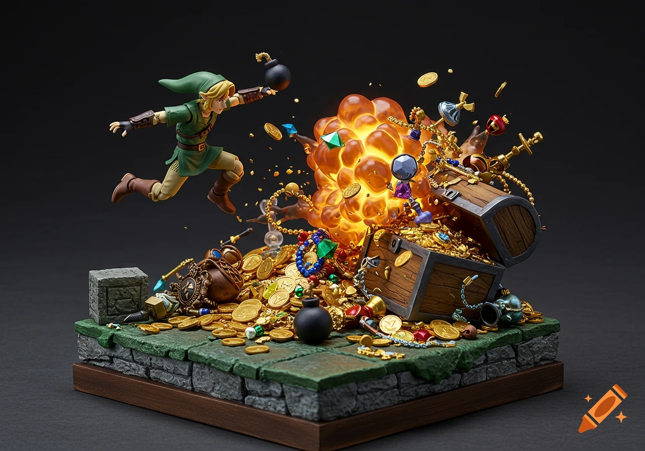 Character resembling Link jumps over an exploding treasure chest diorama filled with gold