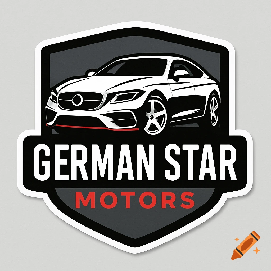 A sticker logo featuring a white stylized car and the words "GERMAN STAR MOTORS" in white and red on a black and grey shield.