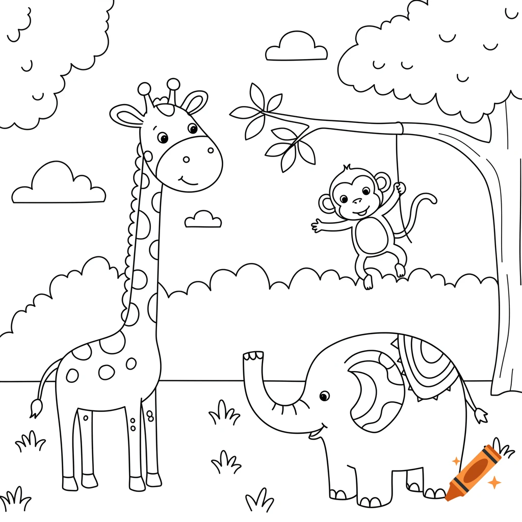 A coloring page showing a giraffe, a monkey swinging from a tree, and an elephant.