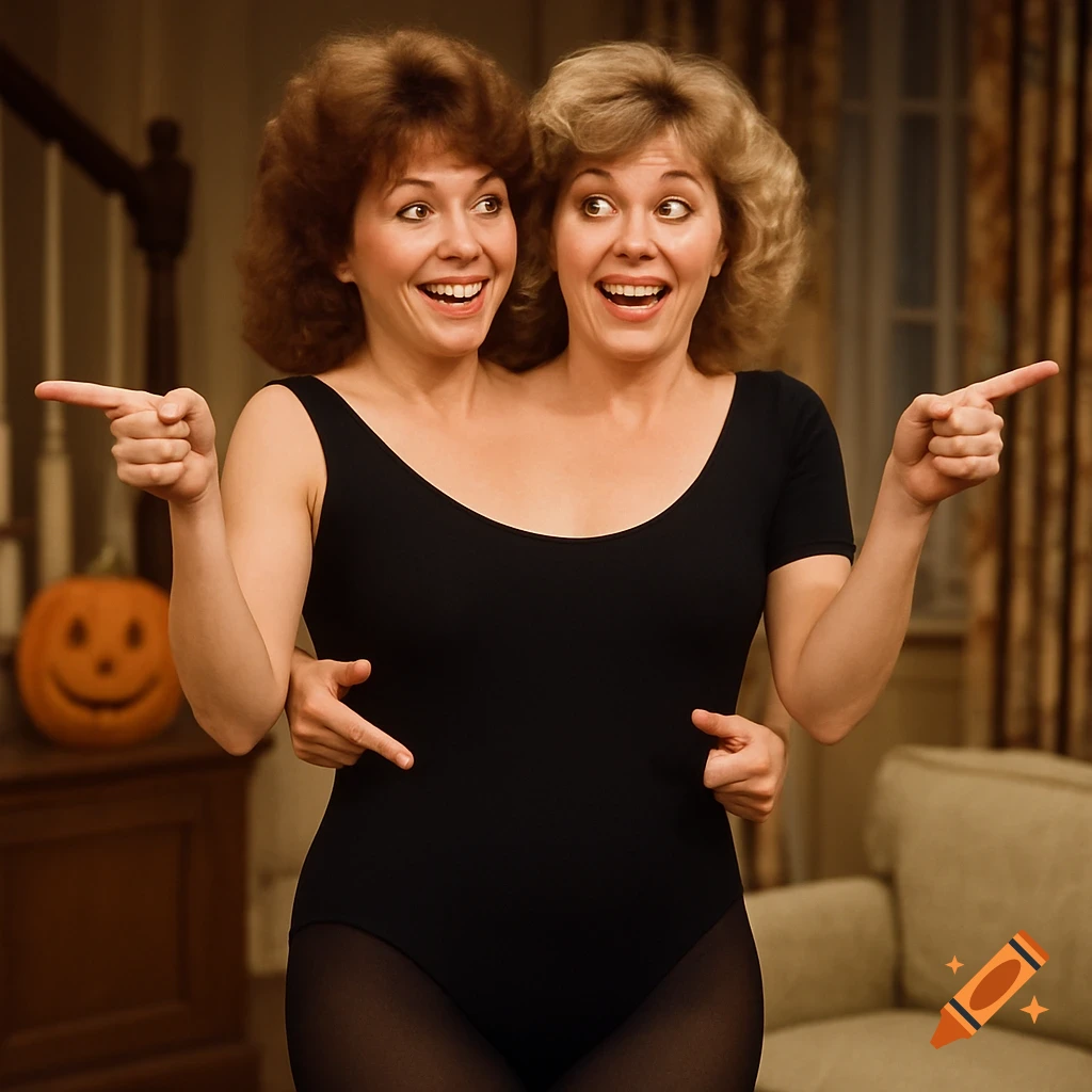 Two women joined at the shoulder share one body in a black leotard, pointing opposite ways, with a Halloween pumpkin nearby. Appears staged.