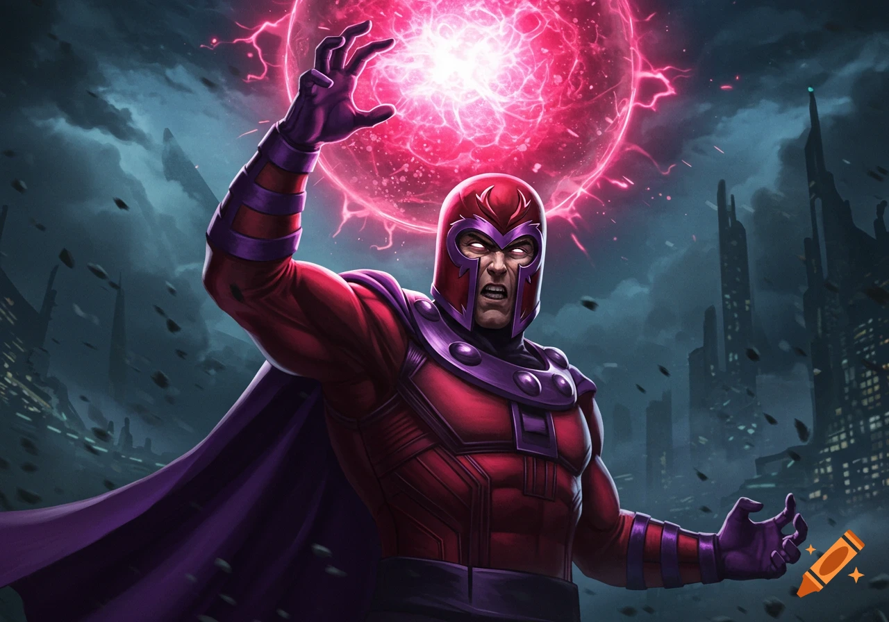 Magneto generating a large pink energy sphere above a cityscape.