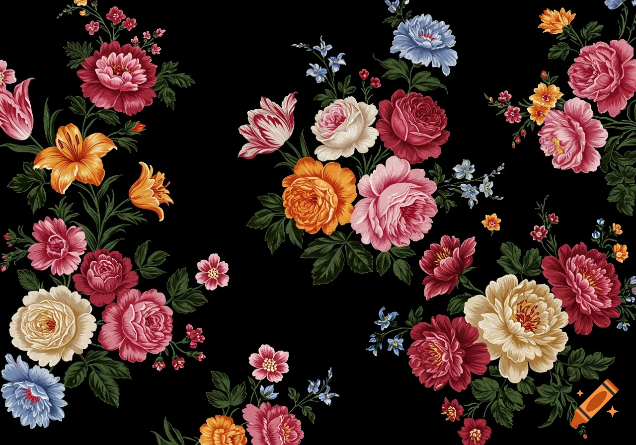 A variety of colorful flowers and green leaves arranged across a black background.