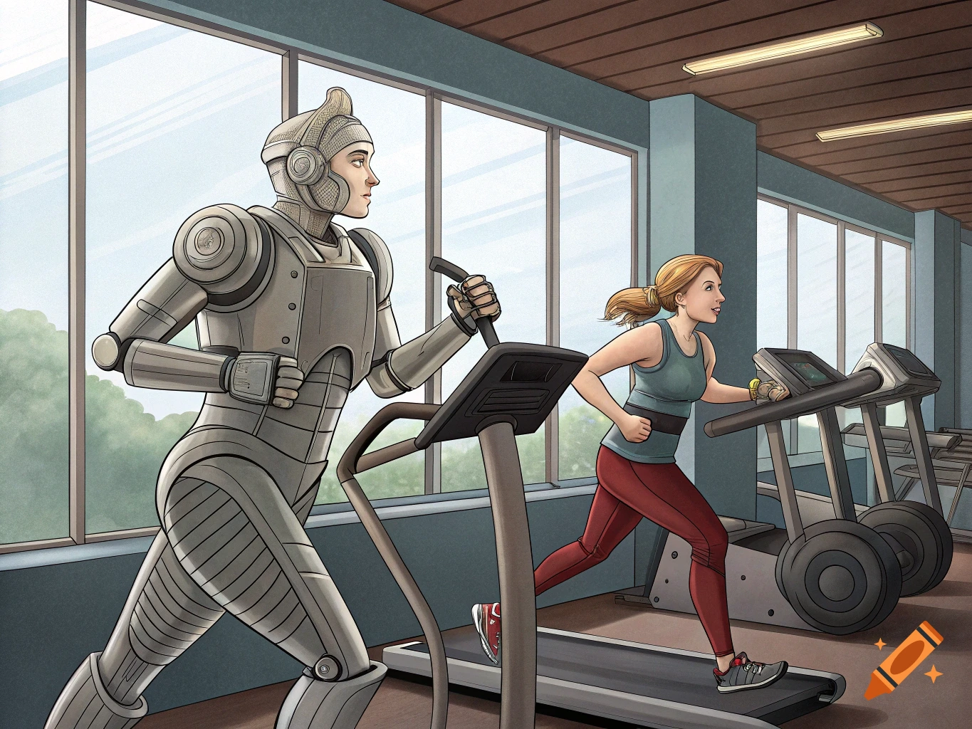 An illustration of a robot and a woman running on treadmills in a gym.