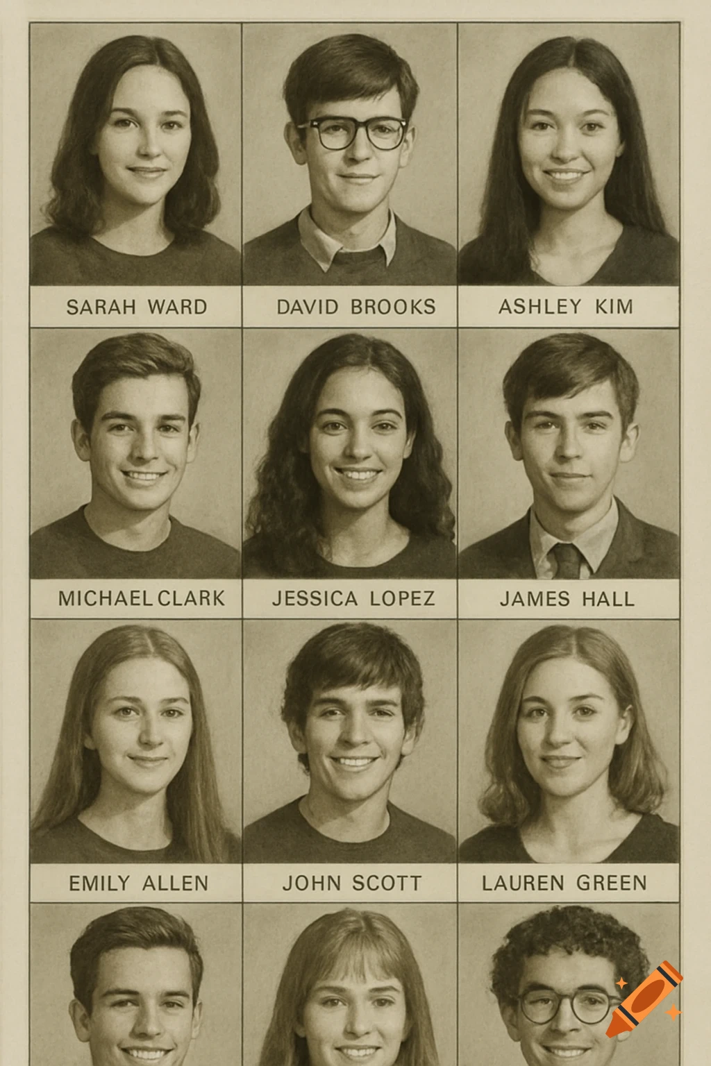 Grid of portraits resembling a vintage high school yearbook page with names below each photo.