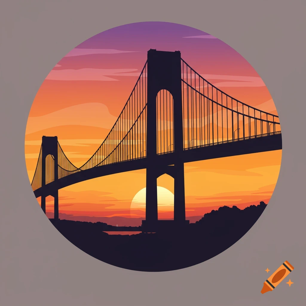 Silhouette of a suspension bridge at sunset in a round vector art style.
