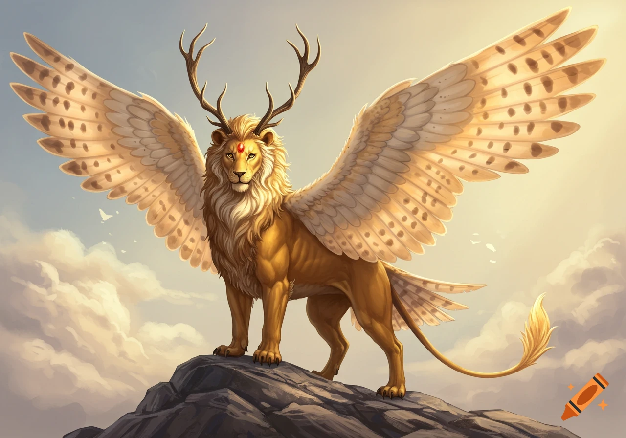 A fantasy creature with a lion's body, stag antlers, and owl wings stands on a rock under a cloudy sky.