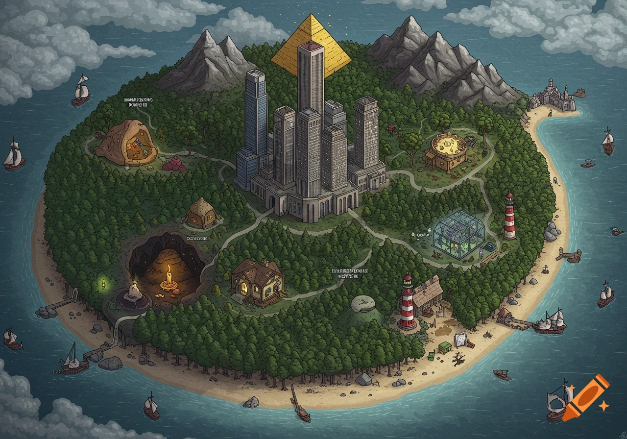 Illustrated fantasy map of an island with skyscrapers under a pyramid, forest, caves, beach, lighthouses, and boats.