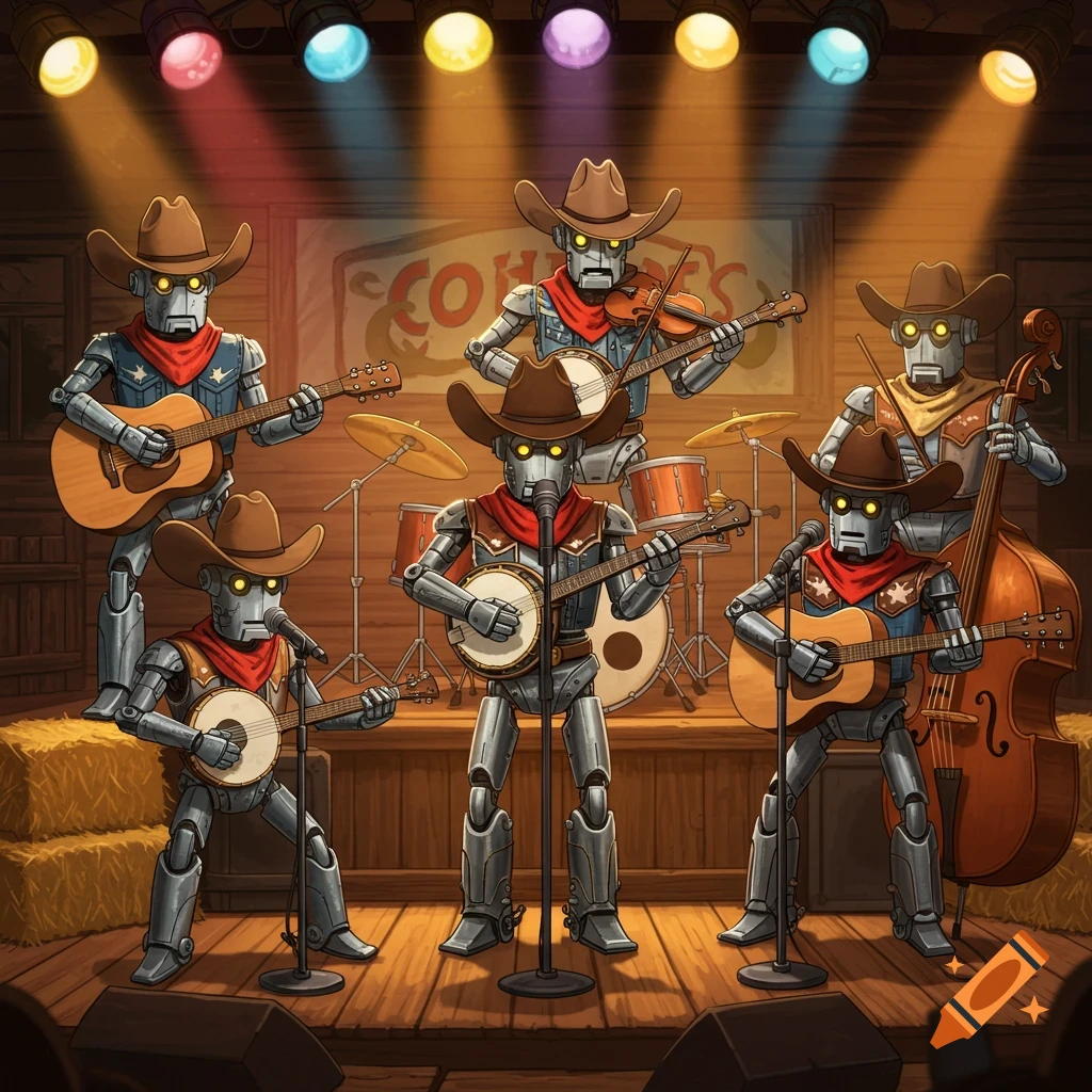 Robot cowboys playing instruments on a stage.