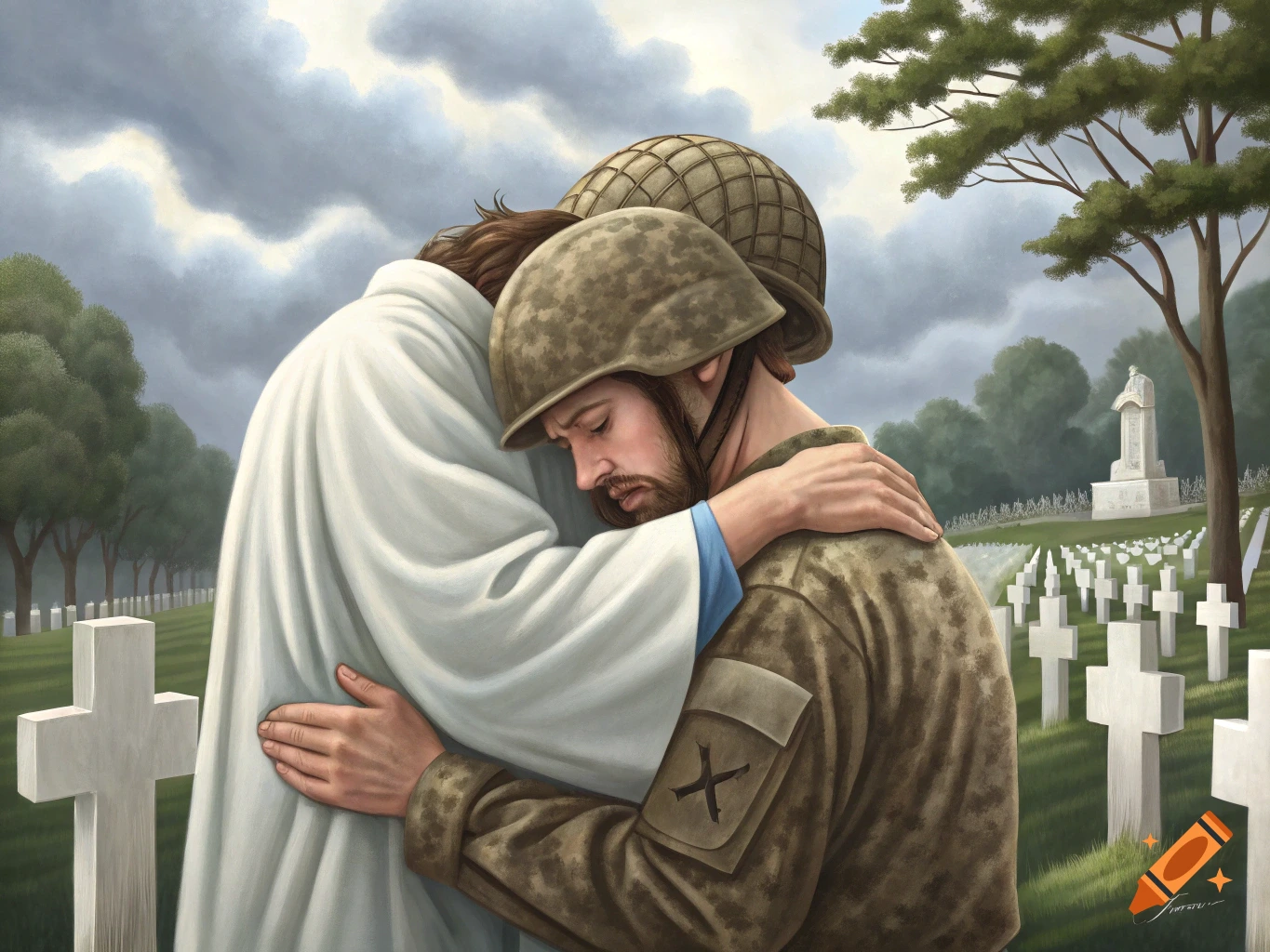 Painting of Jesus hugging a soldier in a cemetery with gravestones