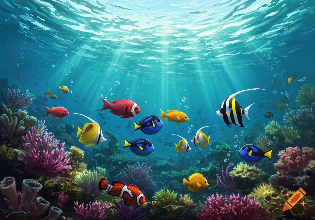 Colorful fish swim among coral in a sunlit underwater scene.