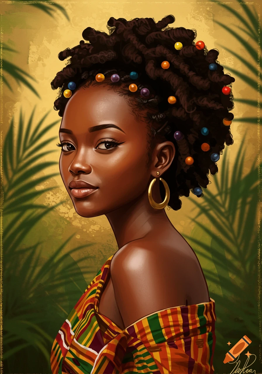 Illustration of an African woman with beaded hair and a colorful garment against a leafy background.
