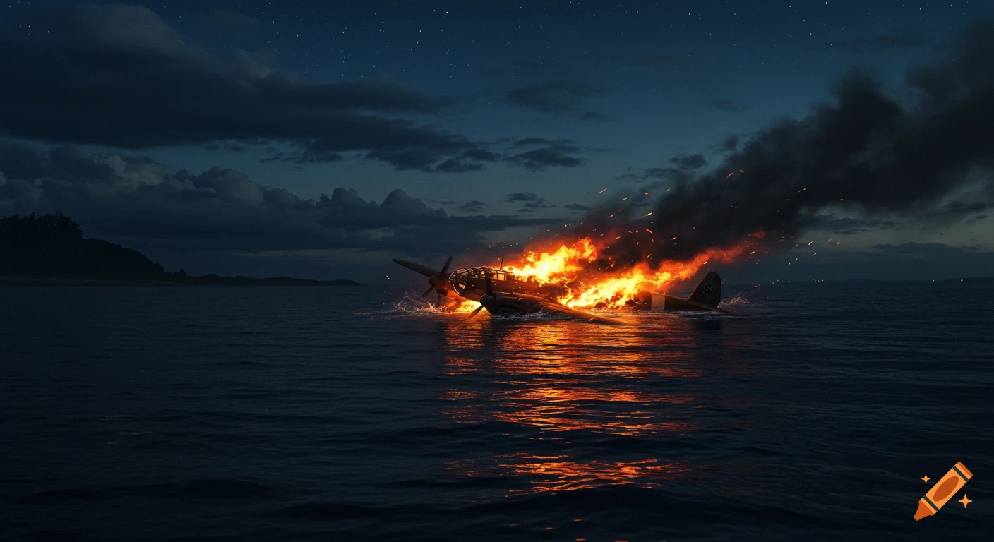 A burning bomber plane sinks into the water at night.
