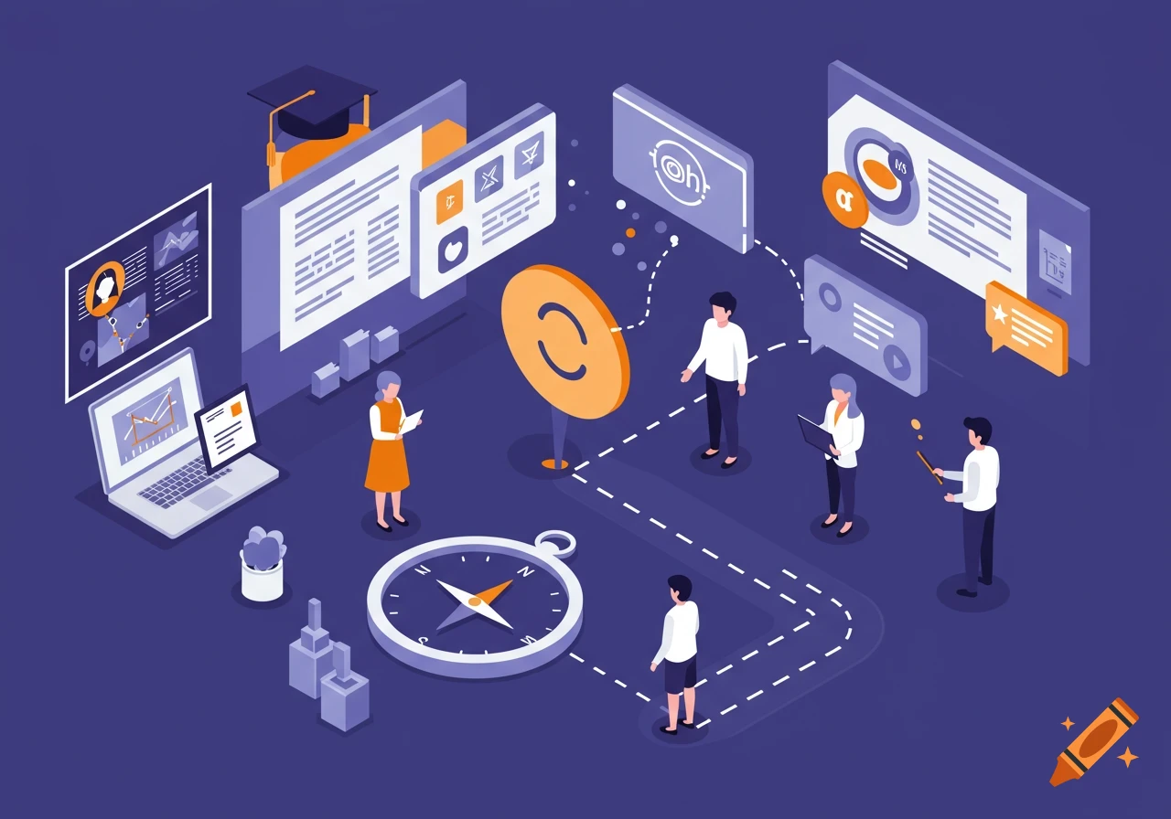 Isometric illustration of people, screens, and a compass representing career exploration and pathfinding.